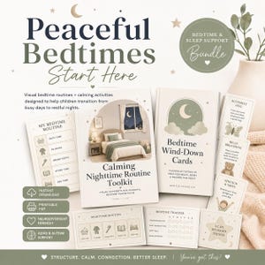 May include: A Calming Nighttime Routine Toolkit bundle featuring printed cards and guides with soft sage green and cream tones. The set includes a bedtime routine chart, wind-down cards, and a tracker, all decorated with moon and star illustrations.