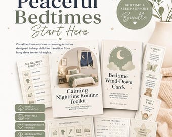 Puede incluir: Un conjunto de tarjetas y guías Calming Nighttime Routine Toolkit en tonos verde salvia y crema. El kit incluye una tabla de rutinas, tarjetas de relajación y un rastreador, decorados con ilustraciones de lunas y estrellas.