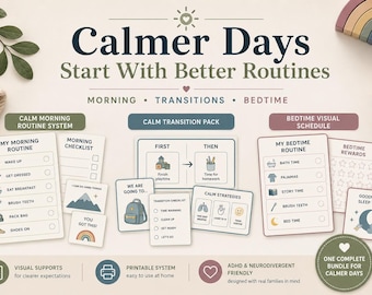 Puede incluir: Un sistema de rutinas imprimible titulado Calmer Days Start With Better Routines, que incluye apoyos visuales para tareas de mañana, transiciones y hora de dormir. Contiene listas de verificación, tarjetas y tablas de recompensas.
