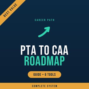 May include: A dark blue graphic design featuring the text CAREER PATH, PTA TO CAA ROADMAP, and GUIDE + 6 TOOLS. A teal arrow points upward. A yellow diagonal banner in the top left corner reads BEST VALUE, and a yellow bar at the bottom reads COMPLETE SYSTEM.