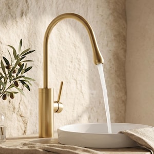 Brushed Brass Finish Gooseneck Bathroom Faucet, Single Hole Basin Mixer Tap for Vanity Sink