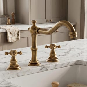 Brushed Brass Bathroom Faucet, 3 Hole Widespread Solid Brass Basin Mixer Tap, Retro Vanity Faucet