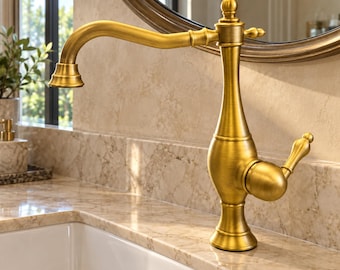 Antique Brass Kitchen Faucet, Vintage Single Handle Tap with 360 Swivel Spout, Tall Brass Sink Faucet for Farmhouse Kitchen or Bathroom