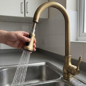 May include: A brushed brass kitchen tap with a high-arc spout and a pull-down spray head. The spray head features a black toggle button and is currently extended, releasing a steady stream of water into a stainless steel kitchen sink basin.
