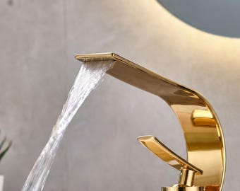 Modern Waterfall Bathroom Faucet, Copper Basin Mixer Tap, Single Handle Sink Faucet, Gold Black Gray Finish, Luxury Bathroom Decor