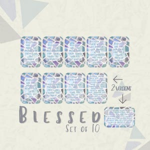May include: A set of 10 rectangular cards featuring a mosaic pattern in shades of blue, purple, and green. Each card displays text from the Beatitudes. The word BLESSED is printed in large letters, with the text SET OF 10 and 2 VERSIONS visible.