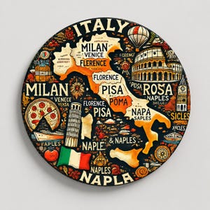 Peut inclure: Une plaque murale circulaire présentant une carte stylisée de l'Italie en orange sur fond noir. Le design comprend des illustrations du Colisée, de la tour de Pise, d'une pizza, d'une montgolfière et du drapeau italien, avec du texte.