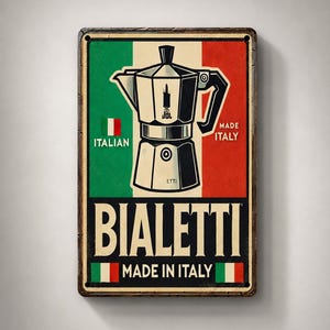 Op de afbeelding: Een rechthoekig metalen bord met een afbeelding van een zilveren mokkapot, gecentreerd over de groene, witte en rode kleuren van de Italiaanse vlag. De tekst luidt BIALETTI, ITALIAN MADE IN ITALY en ETTI. Het bord heeft een vintage rand.