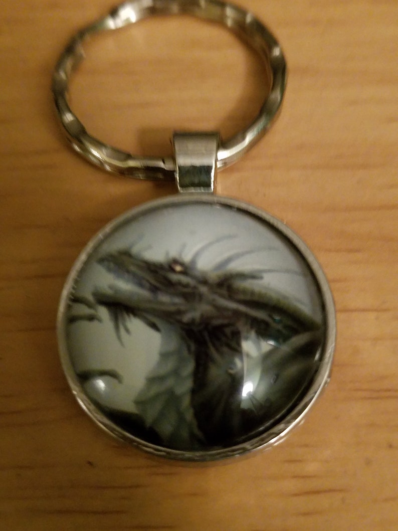 Keychain Dragon cabochon silver colored base womens men teens