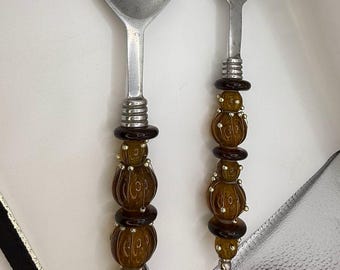 Art Glass Beaded Handle 12" Salad Servers Retro Color Design