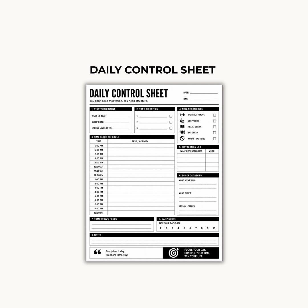 Daily Control Sheet | Time Blocking Productivity Planner (PDF) - Etsy