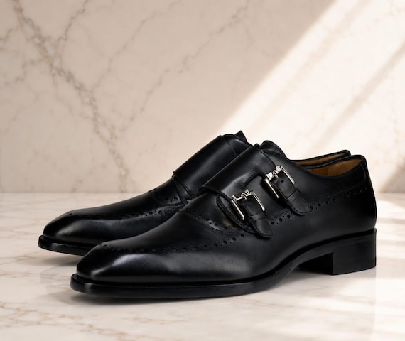 Men’s Black Double Monk Strap Dress Shoes Luxury Leather Formal Wedding Business Shoes