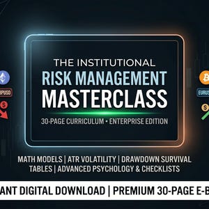 Könnte beinhalten: Digitalgrafik, die für "The Institutional Risk Management Masterclass" wirbt. Das Bild zeigt Text, Symbole von Bitcoin und Ethereum sowie Finanzdiagramme. Der Lehrplan umfasst mathematische Modelle, Volatilität und Psychologie. Es ist ein Premium-E-Book mit 30 Seiten.