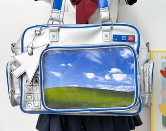 Retro computertas (Ita-tas), Y2K-displaytas met transparant venster voor anime-speldjes, op maat gemaakt Ita-bord, grote en kleine schoudertas voor verzamelaars