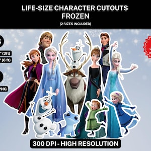 Peut inclure: Un ensemble de 15 découpes de personnages grandeur nature de Frozen, incluant Anna, Elsa, Kristoff, Olaf, Sven et d'autres. Les fichiers numériques sont fournis en formats PDF et PNG à 300 DPI. Les tailles incluent 61 cm par 91 cm et 91 cm par 183 cm.