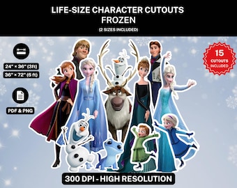 Puede incluir: Una colección de 15 recortes de personajes a tamaño real de Frozen, incluyendo a Anna, Elsa, Kristoff, Olaf, Sven y otros. Los archivos digitales se proporcionan en formatos PDF y PNG a 300 DPI. Los tamaños incluyen 61 cm por 91 cm y 91 cm por 183 cm.