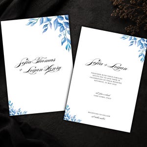 Simple Wedding Invitation Template, Blue Watercolor Leaves Invite Suite, Printable Elegant Botanical Card, Instant Digital Download