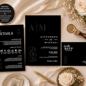 Juego de invitaciones de boda negras con código QR, paquete de invitaciones en blanco y negro / Descarga digital