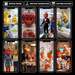 May include: A digital collage of eight smartphone screens displaying anthropomorphic fruit characters in various scenarios, including hospital scenes, social media use, formal events, and domestic settings, with overlaid text captions throughout.