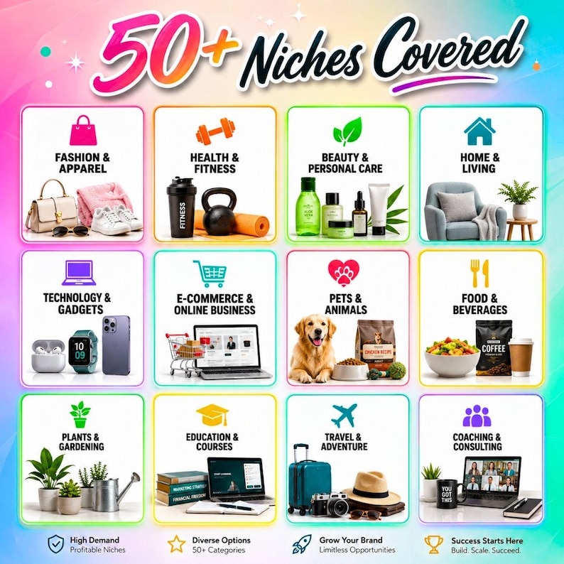 May include: An infographic showcasing 12 different business niches, including fashion, health, beauty, home, technology, e-commerce, pets, food, plants, education, travel, and coaching. The title reads "50+ Niches Covered."
