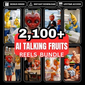 May include: A digital collection of 2,100+ AI talking fruits reels bundle featuring various anthropomorphic fruit characters in diverse scenarios, including hospital scenes, formal settings, and daily activities, presented in a grid of smartphone screens.