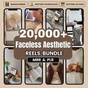Könnte beinhalten: Ein digitales Produktpaket mit dem Titel 20,000+ Faceless Aesthetic REELS BUNDLE MRR & PLR, das acht vertikale Smartphone-Bildschirmvorschauen mit Lifestyle-Szenen wie Arbeiten am Laptop, Lesen von Büchern und Halten von Kaffeetassen zeigt.