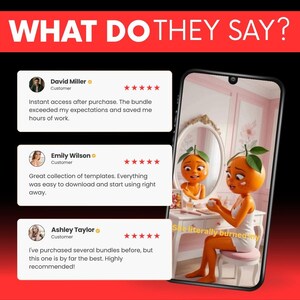 May include: A smartphone displaying three five-star customer reviews with the text WHAT DO THEY SAY? at the top. The screen shows an orange-headed character sitting at a vanity table with a mirror, with the text She literally burned my visible.