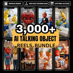 May include: A digital collection of 3,000+ AI talking object reels featuring anthropomorphic fruits and vegetables in various scenarios, including hospital scenes, social settings, and domestic environments, presented as a promotional bundle.