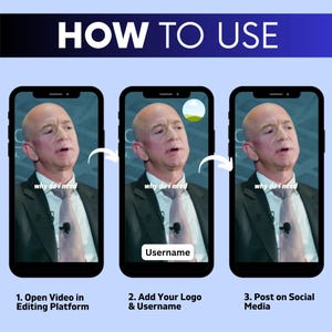 May include: A three-step instructional graphic titled HOW TO USE showing three smartphones displaying a video of a person in a suit and tie. The steps are: 1. Open Video in Editing Platform, 2. Add Your Logo & Username, and 3. Post on Social Media.