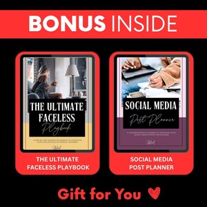 May include: Two digital product covers with red borders on a black background. The left cover is titled THE ULTIMATE FACELESS PLAYBOOK with a photo of a person sitting in a chair. The right cover is titled SOCIAL MEDIA Post Planner with a photo of hands writing in a notebook. Text reads BONUS INSIDE and Gift for You.