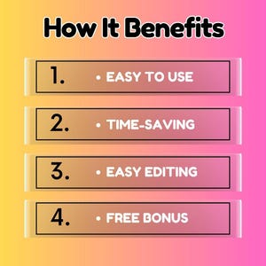 May include: A graphic with the text "How It Benefits" at the top. Below, four numbered boxes list benefits: "EASY TO USE," "TIME-SAVING," "EASY EDITING," and "FREE BONUS." The background transitions from yellow to pink.
