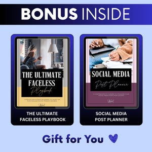 May include: Two digital product covers displayed side-by-side. The left cover is titled THE ULTIMATE FACELESS PLAYBOOK with a yellow base. The right cover is titled SOCIAL MEDIA Post Planner with a purple base. Text reads BONUS INSIDE and Gift for You.