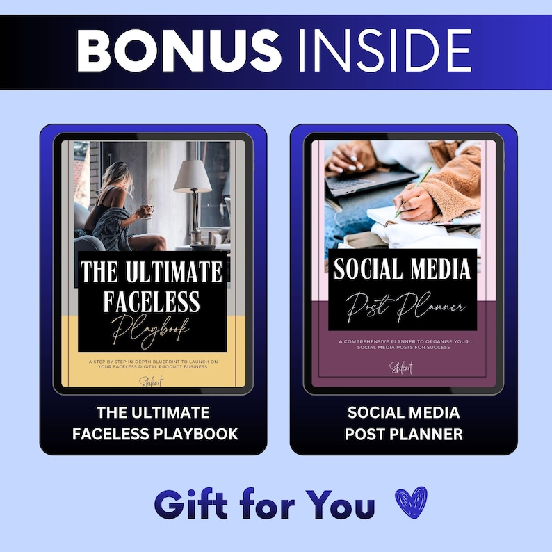 May include: Two digital product covers displayed side-by-side. The left cover is titled THE ULTIMATE FACELESS PLAYBOOK with a yellow base. The right cover is titled SOCIAL MEDIA Post Planner with a purple base. Text reads BONUS INSIDE and Gift for You.