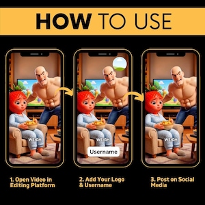 May include: A three-step instructional graphic titled HOW TO USE showing a cartoon character with a strawberry head sitting in a chair and a muscular character standing behind, with text labels 1. Open Video in Editing Platform, 2. Add Your Logo & Username, and 3. Post on Social Media.