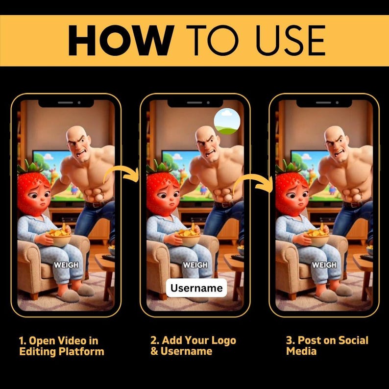 May include: A three-step instructional graphic titled HOW TO USE showing a cartoon character with a strawberry head sitting in a chair and a muscular character standing behind, with text labels 1. Open Video in Editing Platform, 2. Add Your Logo & Username, and 3. Post on Social Media.