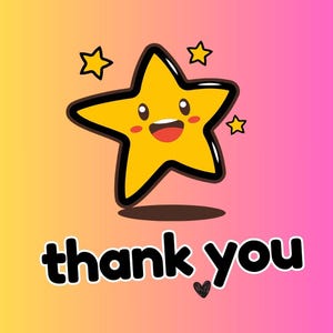 May include: A cartoon illustration featuring a smiling yellow star with a black outline and three smaller stars. The words "thank you" are written in a playful font below the star, with a small heart symbol.