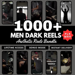 Puede incluir: Un paquete digital de más de 1000 videos de estilo oscuro con diversas escenas de personas en iluminación tenue. El gráfico incluye el texto 1000+ MEN DARK REELS, Aesthetic Reels Bundle, PLR MRR, LIFETIME ACCESS, BONUS INSIDE e INSTANT DELIVERY.