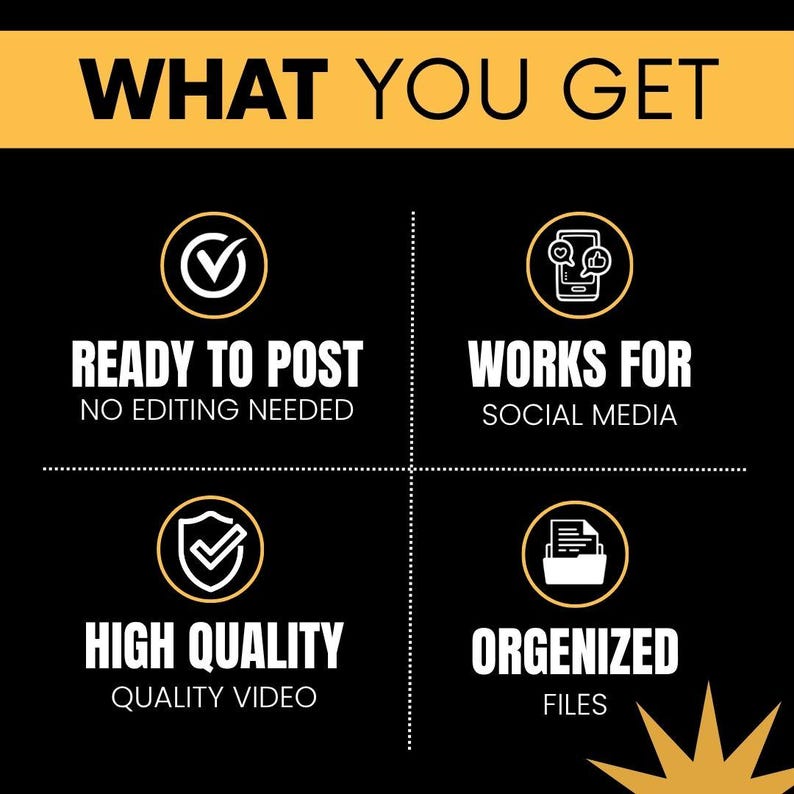 May include: A black and yellow graphic display titled WHAT YOU GET, featuring four sections with icons and text: READY TO POST NO EDITING NEEDED, WORKS FOR SOCIAL MEDIA, HIGH QUALITY QUALITY VIDEO, and ORGENIZED FILES, arranged in a grid layout.