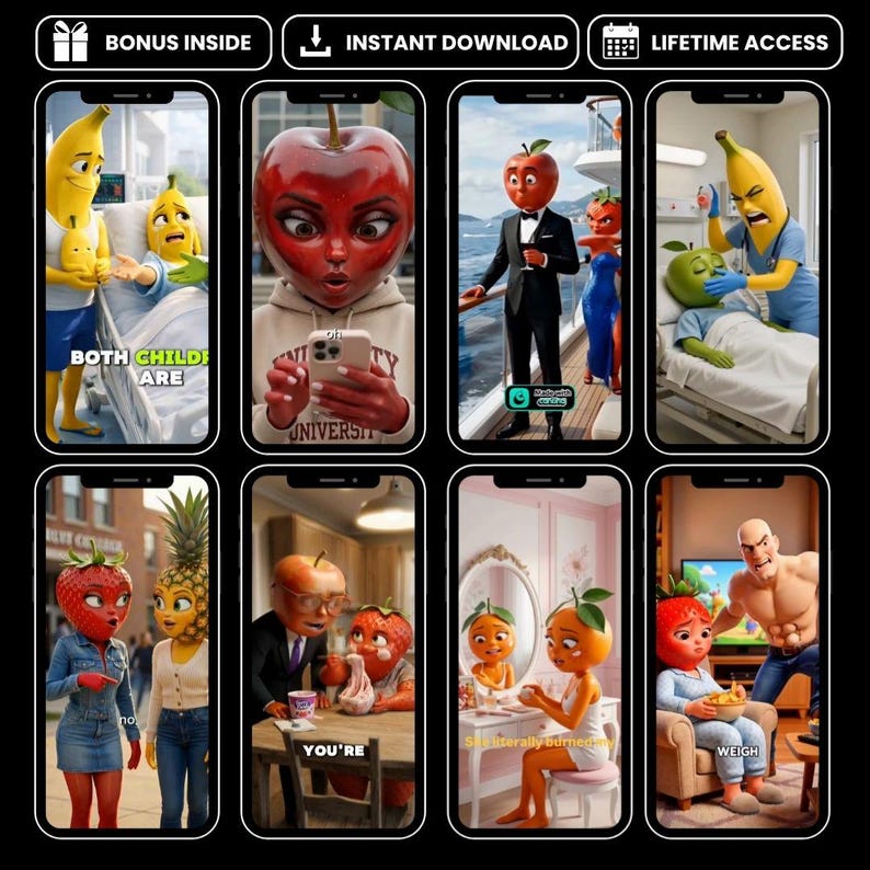 May include: A digital collage of eight smartphone screens displaying anthropomorphic fruit characters in various scenarios, including hospital scenes, social media use, formal events, and domestic settings, with overlaid text captions throughout.