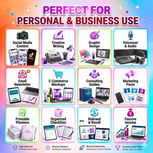 May include: Colorful graphic with the text "PERFECT FOR PERSONAL & BUSINESS USE" and icons representing social media, writing, design, audio, newsletters, e-commerce, consulting, marketing, planners, checklists, rebranding, and passive income.