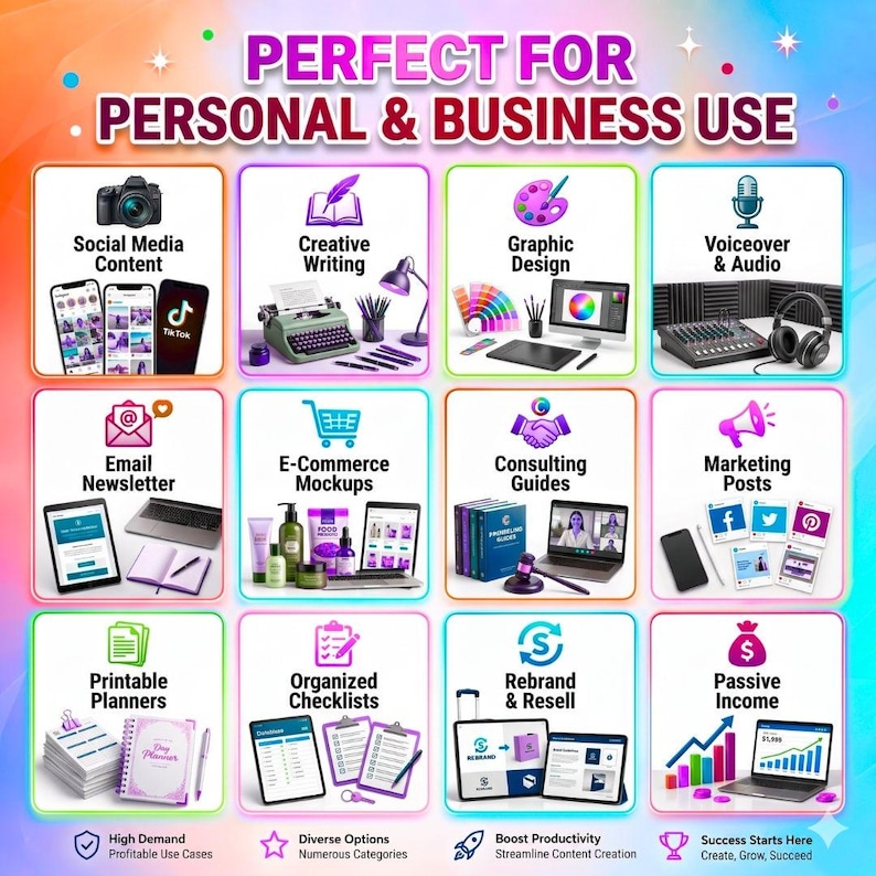 May include: Colorful graphic with the text "PERFECT FOR PERSONAL & BUSINESS USE" and icons representing social media, writing, design, audio, newsletters, e-commerce, consulting, marketing, planners, checklists, rebranding, and passive income.