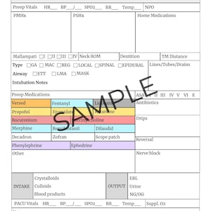 May include: A medical form with sections for patient data, procedure details, and medications. The form includes fields for vital signs, allergies, and preop medications like Versed, Fentanyl, and Morphine. The word "SAMPLE" is watermarked across the form.