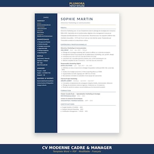 Peut inclure: Un modèle de CV professionnel avec une barre latérale bleu foncé à gauche et une section principale blanche. Le document comprend des sections pour les coordonnées, le profil, l'expérience professionnelle, la formation et les certifications.