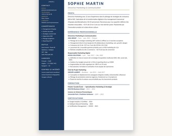 Frans CV-sjabloon | Frans directie-CV | Modern directie-CV in Word- en PDF-formaat | Professioneel CV-sjabloon voor directeuren, marineblauw en goud