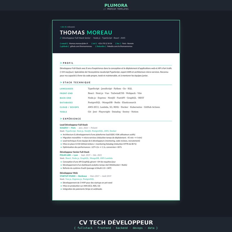 CV-sjabloon voor ontwikkelaar | CV voor full-stack tech (Frans) | Modern donker Word-PDF | CV-sjabloon voor consoleprogrammeur afbeelding 1
