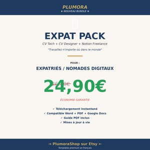 Peut inclure: Une publicité pour un produit numérique intitulée PLUMORA NOUVEAU BUNDLE EXPAT PACK. Elle contient le texte CV Tech, CV Designer, Notion Freelance, Travaillez n'importe où dans le monde, POUR EXPATRIÉS NOMADES DIGITAUX et 24,90€.