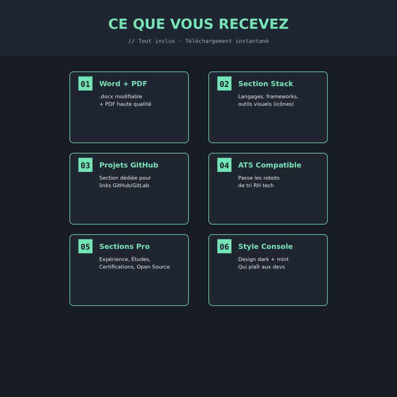CV-sjabloon voor ontwikkelaar | CV voor full-stack tech (Frans) | Modern donker Word-PDF | CV-sjabloon voor consoleprogrammeur afbeelding 3
