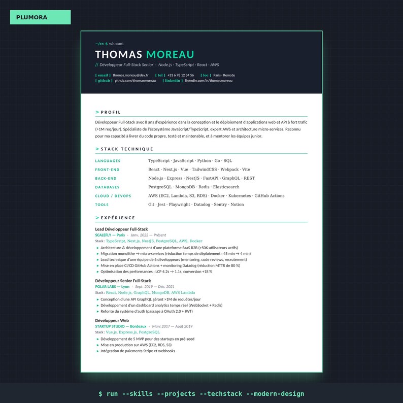 CV-sjabloon voor ontwikkelaar | CV voor full-stack tech (Frans) | Modern donker Word-PDF | CV-sjabloon voor consoleprogrammeur afbeelding 2