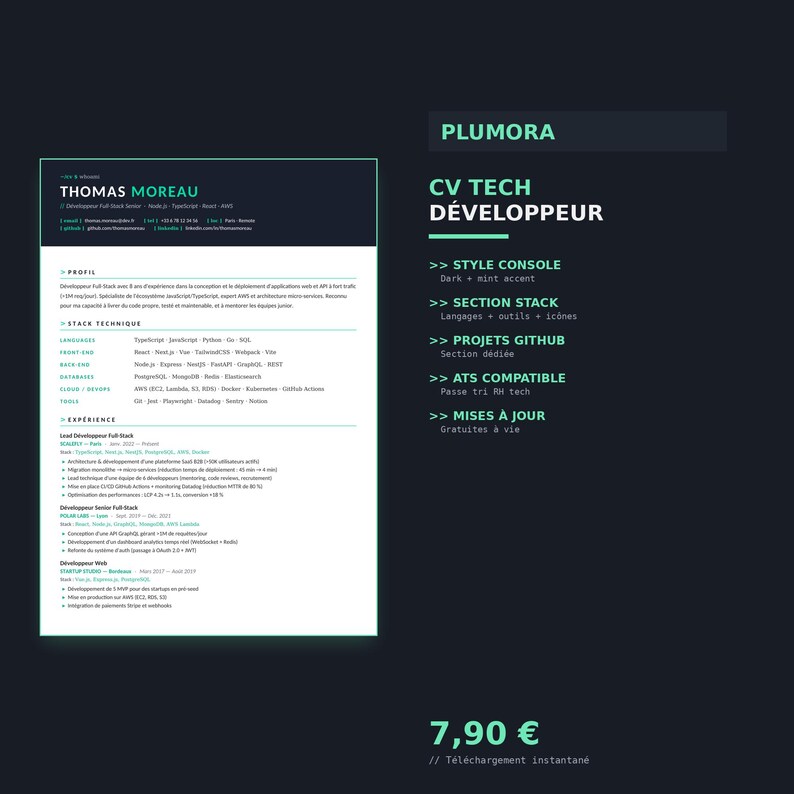 CV-sjabloon voor ontwikkelaar | CV voor full-stack tech (Frans) | Modern donker Word-PDF | CV-sjabloon voor consoleprogrammeur afbeelding 5