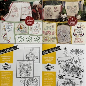May include: Four Aunt Martha's iron-on embroidery pattern packets. Two top packets feature seasonal designs like gnomes, holiday motifs, and text. Two bottom packets display line art for horses, deer, bells, and holly with printed dimensions.